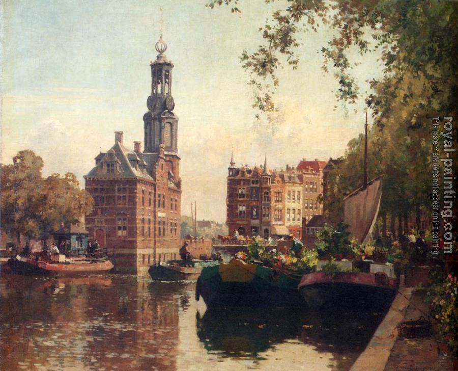 Cornelis Vreedenburgh : The Flowermarket On The Singel Amsterdam With The Munttoren Beyond